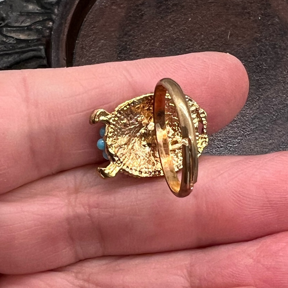 Whimsical Gold and Blue Owl Ring adjustable Size - Picture 5 of 6